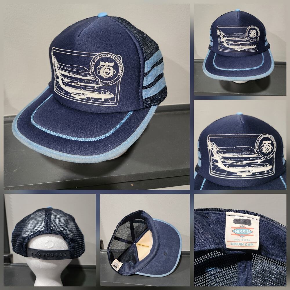 VTG 90s Boeing 75th Anniversary 3‎ Stripe Pilot Plane Trucker Snapback Hat Cap